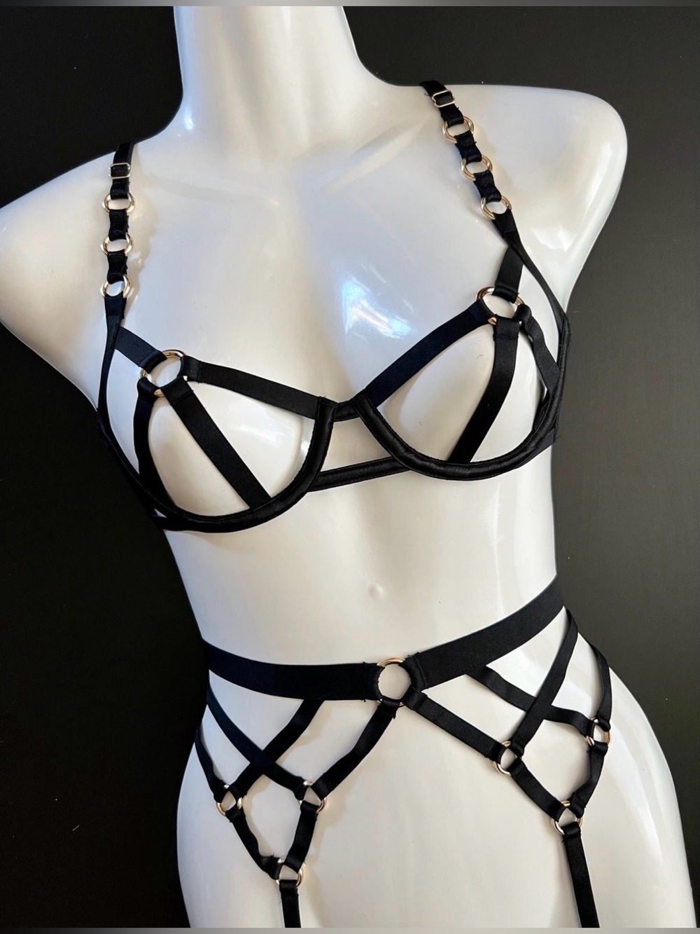 Victoria's Secret Black Strappy Harness Bra & Garter Set
